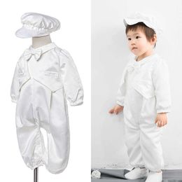 Babyjongen doop romper geboren doopsel wit jumpsuit met hoed baby 1e verjaardagspartij slijtage outfits boutique kleding 210615