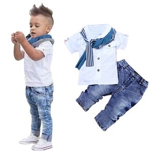 Babyjongenskleding Casual T-shirt Sjaal Jeans 3-delige kinderkledingset Zomer Kinderkostuum voor 2-7 jr