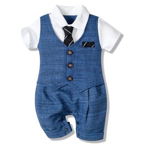 Babyjongen kleding katoen knappe rompertjes kleine gentleman stropdas outfit geboren kleding knop jumpsuit partij pak jurk 220326