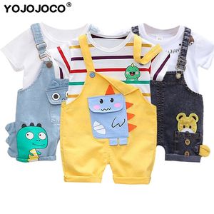 Babyjongen kleren zomer kinderen denim overalls pak boy cartoon dinosaurus schattige kleding meisje korte mouwen shorts 2-delige set 220509