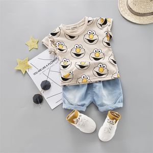 Baby boy kleding set kinderen schattig zomer pak t shirt denim shorts cartoon kinderen uit het oog 1 2 3 4 jaar katoenen outfits kaki rood 220620