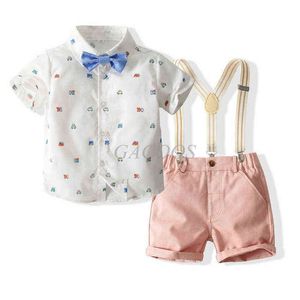 Babyjongen kleding sets zuigeling pasgeboren jongens kleding shorts mouw tops + overalls 2 stks outfits zomer bebes kleding gentleman pak G220310