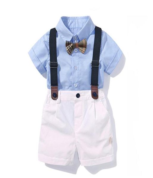 Baby Boy Clothing Shirt Bow Set Birthday Suit Forme Summer NOUVEAU BARNES Vêtements Set Blue Topsuspender Pantalons LJ20082138119