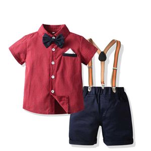 Bébé garçon vêtements formels été garçons noeud papillon costume ensemble chemise rouge beau rayé chemise Shorts enfants tenue anniversaire Costumes X0802