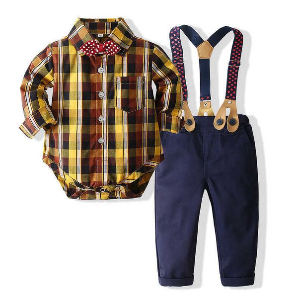 Bébé garçon Gentleman vêtements bébé garçon barboteuse ensemble de vêtements enfant en bas âge noeud papillon body + jarretelle jean infantile garçon vêtements G1023