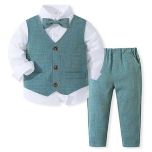 Baby Boy Gentleman Kleding Set Herfst Katoenen Pak Voor Kinderen Wit Shirt Met StrikjeVest Broek Formele Geboren Jongens kleding 240202