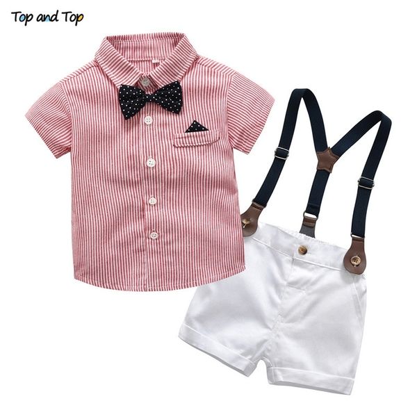 Bebé niño caballero ropa conjunto traje de verano para niño camisa a rayas con pajarita + tirantes pantalones cortos blancos ropa formal para niños 210309