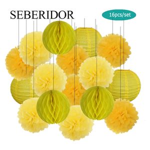 Bébé garçon fille 2e anniversaire fête faveur jaune ensemble pliant rond papier lanterne mariage baptême décor bricolage tissu pompon nid d'abeille 240301