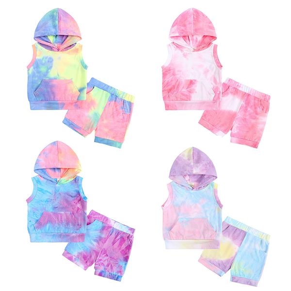 Baby Boy Girl Dresse Set Tie Dye Hoodie Shorts Suit 2 PCS Ins Summer Sports sin mangas con bolsillo Boutique Clothing Outfit M3548