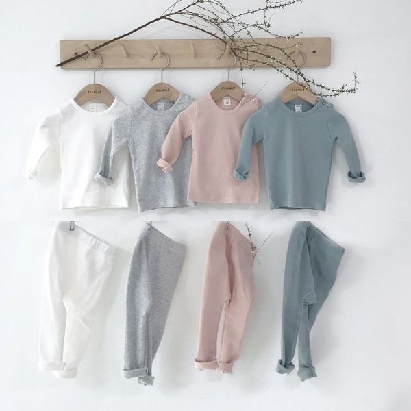 Bébé garçon fille vêtements ensemble printemps coton décontracté maison 3 pièces de couleur unie haut à manches longues + pantalon bande de cheveux pyjamas 210515