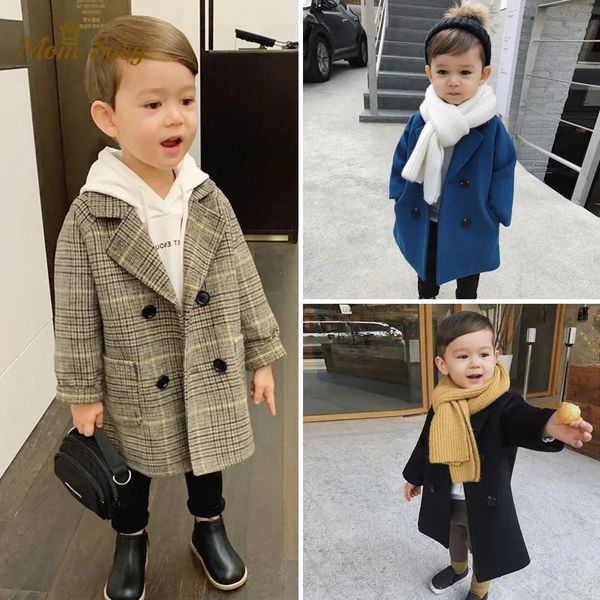 Bebé niño niñas chaqueta de lana larga doble botonadura caliente infantil Toddle solapa tweed abrigo primavera otoño invierno prendas de vestir ropa 240127