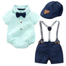 Bebé niño sombrero ropa gorra azul marino + mameluco de rayas verdes pantalones cortos de arco tirantes conjuntos de cinturón ropa infantil traje nacido 210816