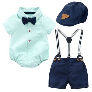 Baby Boy Hat Kleding Navy Cap + Groen Gestreepte Romper Bow Shorts Bretels Belt Sets Infant Kleding Born Outfit 210816