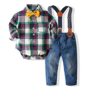Babyjongen jumpsuit set nieuwe peuter kleding gentleman pak lange mouw boog shirt + jarretel jeans kinderen katoen formele kleding G1023