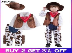 Baby jongen kinderen peuters Halloween kostuum cowboy 5pc pak purim evenement vakantie outfits hoed sjaal shirt taille jas broek X050925884171693341