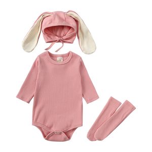 Bébé garçon barboteuse 0-24M nouveau-né fille barboteuses coton à manches longues combinaison tenue vêtements automne côtelé body + lapin chapeau + bas 3 pièces tenue