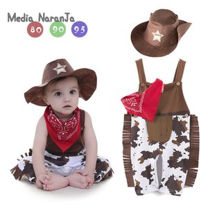 Bebé mameluco traje infantil niño vaquero conjunto de ropa 3 piezas sombrero + bufanda + mameluco halloween evento purim cumpleaños trajes 210226
