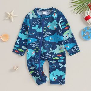 Baby Boy SharkSpider Print Swimsuit Infant Peuter Boys Swimwear Rash Guard Zipper 1 stuk lange mouw strand badpakken 240416