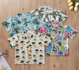 T-shirt d'été à manches courtes pour bébé garçon, style bohémien Tropical, imprimé palmier, ananas, col pour enfant, avec bouton, 4259928