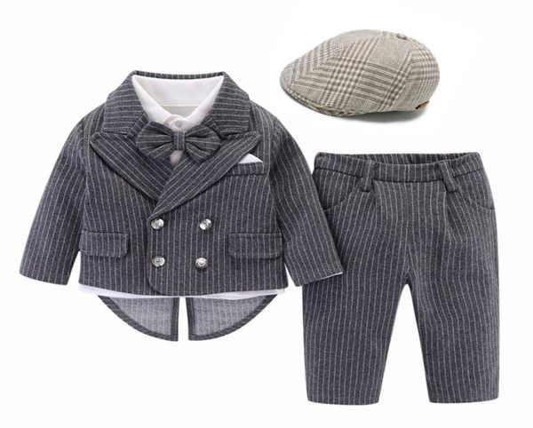 Bébé garçon smoking vêtements avec chapeau 2021 printemps coton costume nouveau-né 1e anniversaire robe 3 pièces rayé infantile enfants tenue6436109