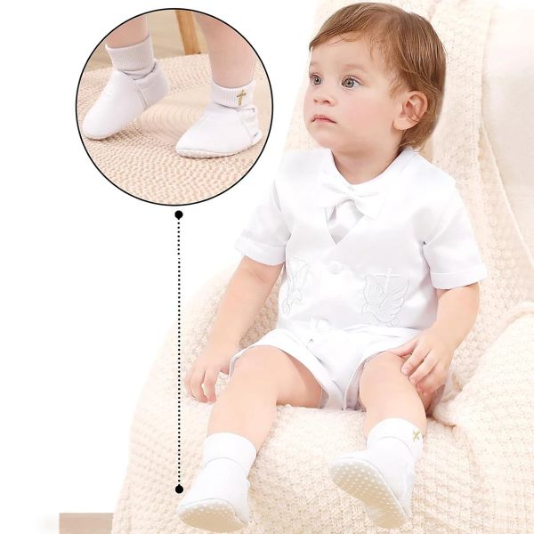 Baby garçon chaussures blanches pour le baptême Baptême Soft Sole Socks Socking Set New-Born Broptening Birthday Sneaker avec dévouement