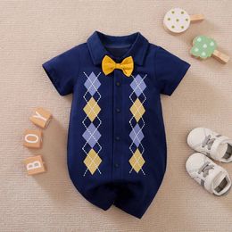 Ropa de bebé y niña ropa para bebés ropa para niños ropa de mono de moneda de manga corta argyle azul recién nacido ropa casual 240315