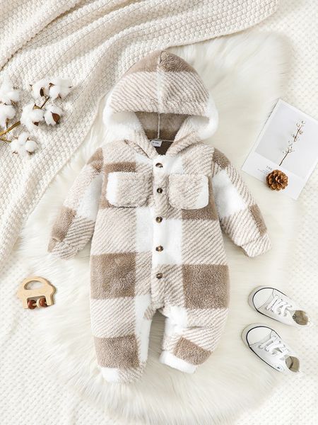 Bébé garçons et filles Plaid barboteuse à capuche à manches longues en peluche combinaison hiver chaud body vêtements pour 3 24 mois enfant en bas âge garçon 231226