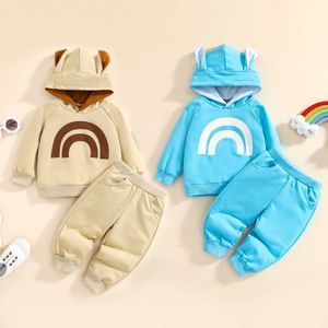 Vêtements pour bébés garçons 2 pièces, ensemble décontracté, motif imprimé arc-en-ciel, pull à capuche, sweat-shirt, taille élastique, pantalon avec poche, bleu abricot G1023