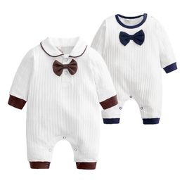 Baby jongens kleding gentleman jacquard romper katoen boog peuter meisjes jumpsuits pasgeboren klimming kleding baby boutique kleding AT4577