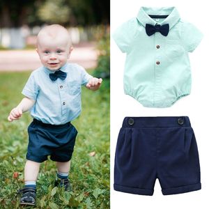 Baby jongens kleding set korte mouw rompertjes + shorts 2 stks baby peuter gentleman outfits kinderen formele kleding boetieks kleding C6510
