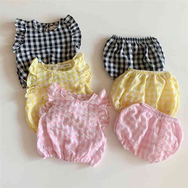 Baby Boys Vêtements Ensembles Summer Plaid Polka Pur Coton et Lin Infant Girls Costume Outfit 210521