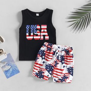 Baby Boys Fashion Clothing Sets Europe and America Toddler Letter Gedrukt Vest T-shirt USA Print American Flag Draw Shorts Pak Peuter Casual Outfits S2187