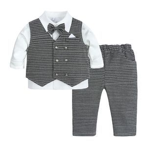 Retail baby jongens formele pak peuter gentleman set jurk slim fit shirt + vest + broek + bowtie outfits smoking