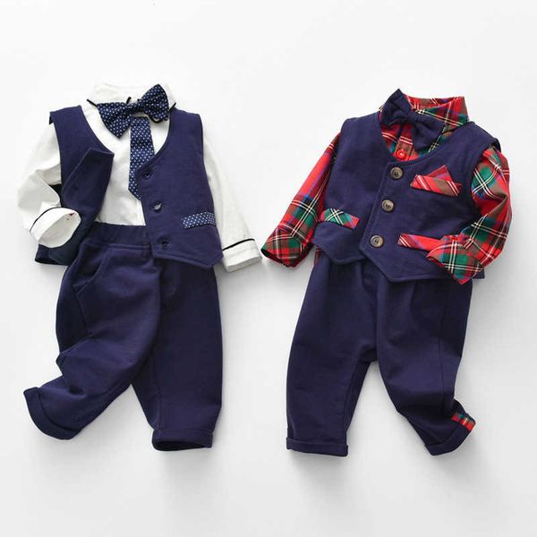 Baby Boys Gentleman Ropa Set Nacido 1er cumpleaños Traje formal para niño Infantil Otoño 3pcs Ropa de bautizo Traje 210615