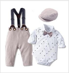 Ensembles de vêtements pour bébés garçons, barboteuse, nœud papillon, pantalons à bretelles, chapeaux, ensemble de 4 pièces, body pour tout-petits, vêtements pour nourrissons, 1437990