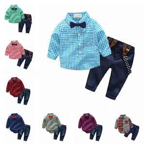 Baby Boys Gentleman Strap Outfits Baby Tie Romper / T-shirt + Pant 2 stks / set Kinderkleding Sets Toddler Kleding