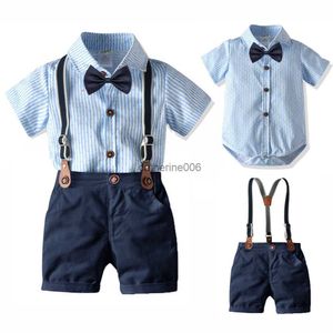 Bébé Garçons Gentleman Costume Été 0-24 Mois Vêtements Pour Bébés Arc Nouveau-Né Chemise À Rayures + Short À Bretelles Garçon Anniversaire Tenue De Cérémonie L230625