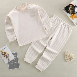 Babyjongens meisje set pyjama's puur katoen o-neck buckle wollen gewone vaste slaapkleding pak pyjama's lange mouw tops broek kinderen choth