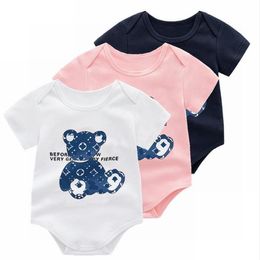 Bébé garçons filles marque barboteuses coton enfant en bas âge à manches courtes combinaisons lettres imprimé nouveau-né dessin animé ours Onesies vêtements pour bébés