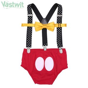 Baby Jongens Meisjes Cake Smash Outfit Eerste Verjaardag Bowtie Bloomers Verstelbare bretels Kleding Mini Muis 3 stks Set 0-18 Maanden G1023