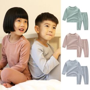 Ensemble pyjama en coton doux pour bébés garçons et filles, sweat-shirt à manches longues, pantalons et haut, deux pièces, couleur unie, vêtements de nuit pour enfants