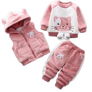 Bébé Garçons Filles Chaud Ensemble Hiver Chat De Bande Dessinée Enfants Épaississement À Capuche Gilet + Pull + Pantalon Trois Pièces Sport Costumes Enfants Vêtements 211224