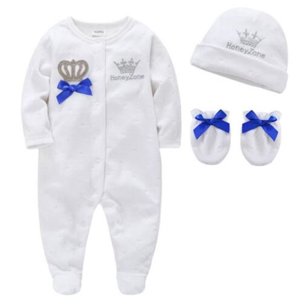 Bébé garçons barboteuses Royal Crown Prince vêtements ensembles nouveau-né fille combinaisons + casquette + gants 3 pièces ensemble infantile une pièce chaussures ensemble pyjamas velours