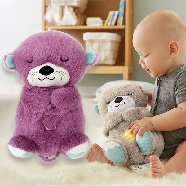 Bébé respire ours apaise loutre en peluche enfants musique apaisante compagnon de sommeil son et lumière poupée en peluche cadeaux 240307