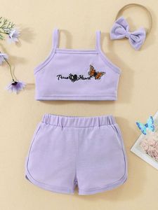 Bebé Top tipo camisola con bordado de letras y mariposas, pantalones cortos deportivos, diadema ELLA