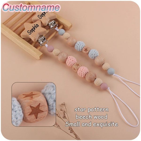 Bébé sculpter nom personnalisé dessin animé rose boule de laine étoile silicone en bois sucette clip couronne chaîne de dentition anneau de dentition clip enfants cadeau 240311