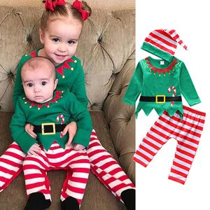 Baby kerst elf outfits kinderen meisjes jongens xmas streep hoed + top + broek 3 stks / set lente herfst boutique kinderkleding sets C5457