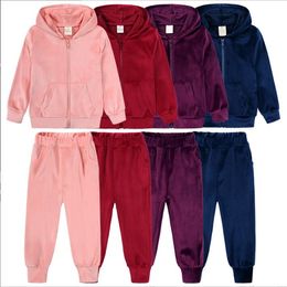 Babykleding jongens meisjes kleding sets grote kinderen herfst winter fluweel fluweel broek broek pakken solide casual mode fleece capuchones jas broek outfits bc403