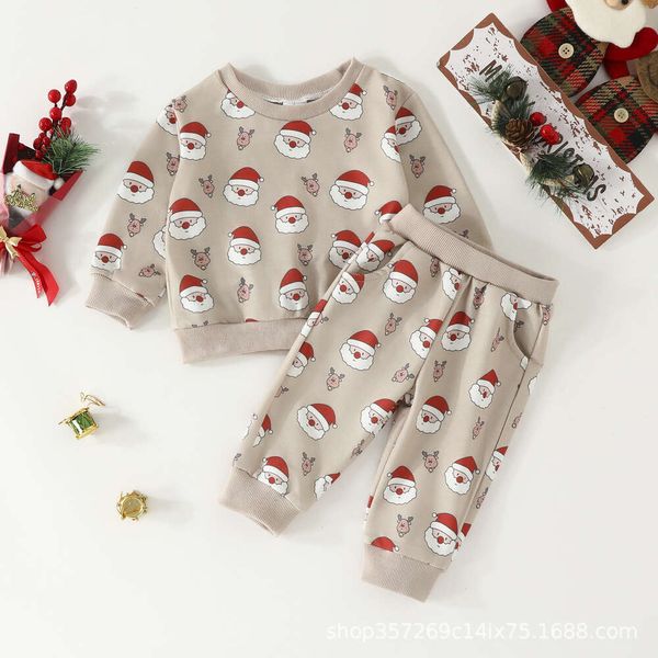 Vêtements pour bébé Survêtement de Noël pour enfants Ensemble de deux pièces imprimé de Noël mignon Col rond Sweat à capuche à manches longues Pulls et pantalons Ensembles de vêtements pour enfants 3M-3Y