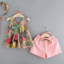 Ropa de bebé con lazo floral, top + pantalones cortos, 2 unids/set, trajes para niñas, trajes para niños, ropa floral de verano para niños C2327 LL